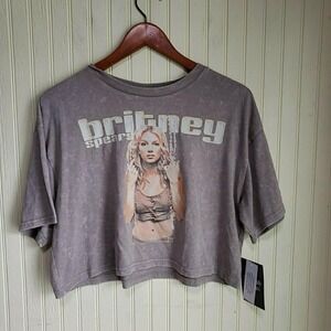Britney Spears Shirt Womens Small Beige Crew Neck Short Sleeve Graphic Crop Top